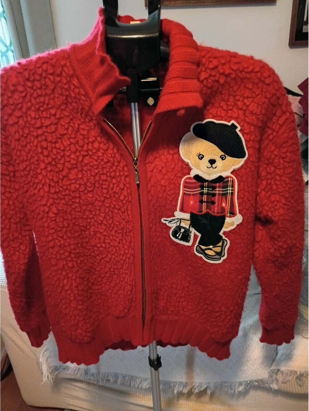 Express Tricot Red Wool Blend Full Zip Sweater with Bear Patch